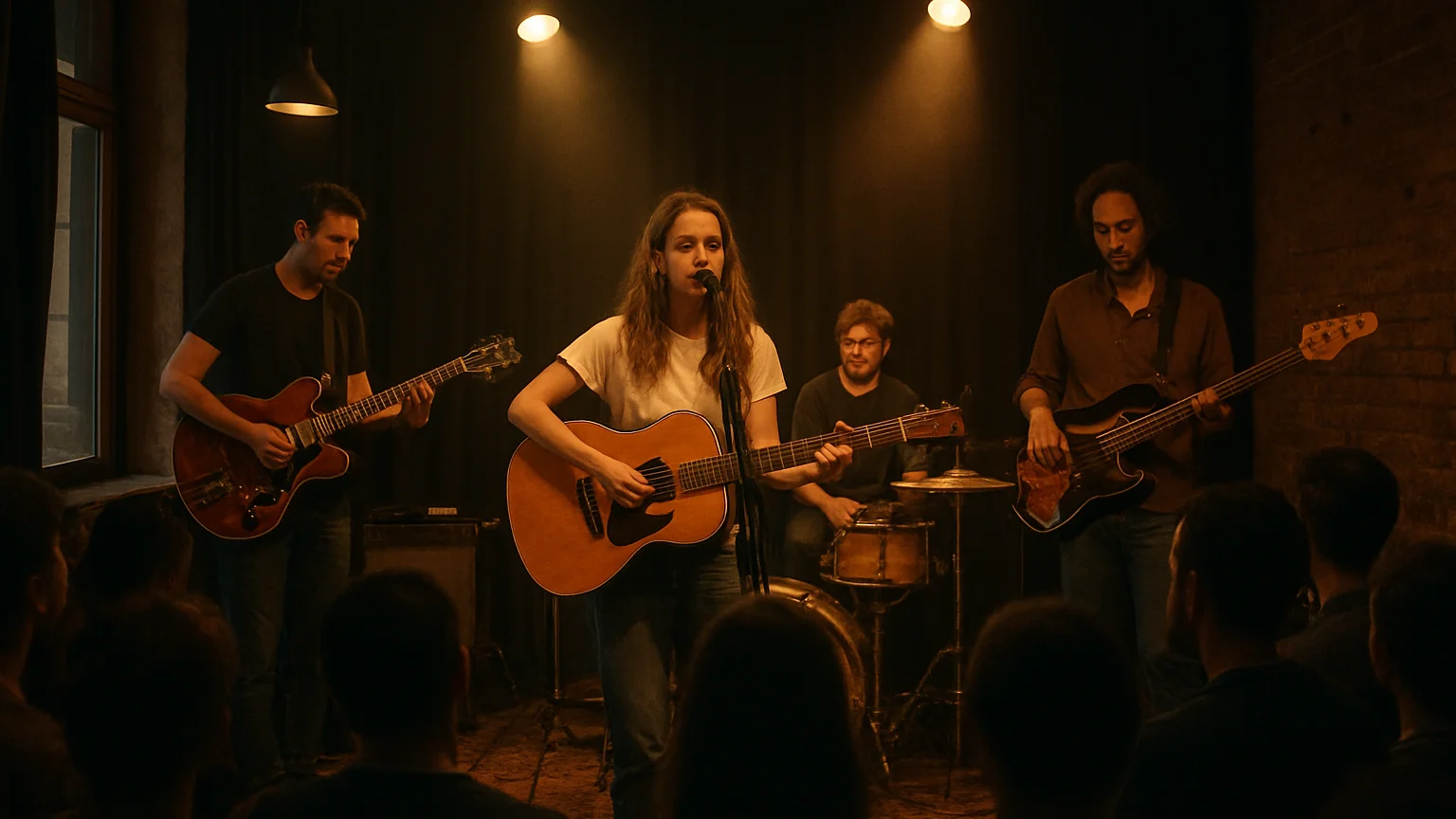 Candid documentary photograph of a small live music performance in an intimate venue, soft warm stage light and believab