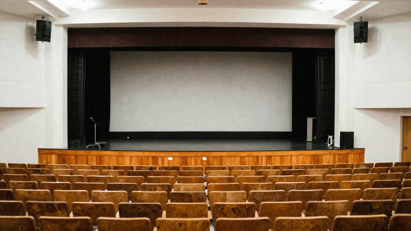 Candid documentary photograph of a community theatre stage viewed from the seating, soft warm house lights, empty rows o