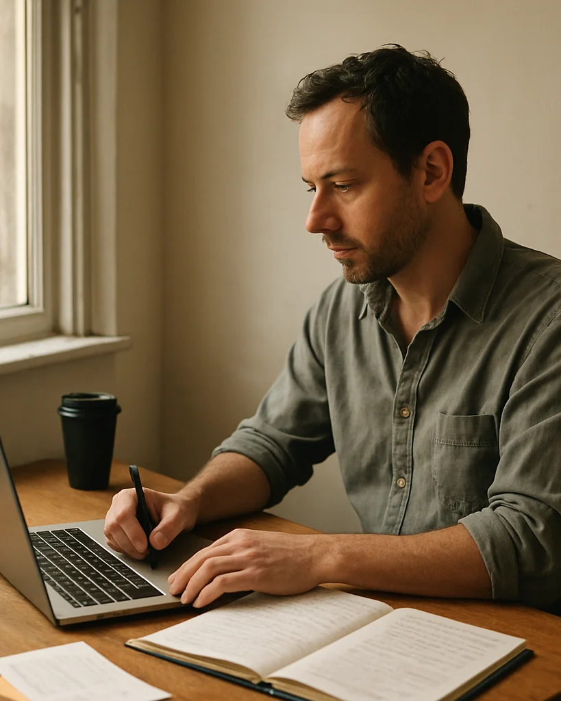 Candid documentary photograph of an independent venue manager working at a desk by a window with soft natural daylight,