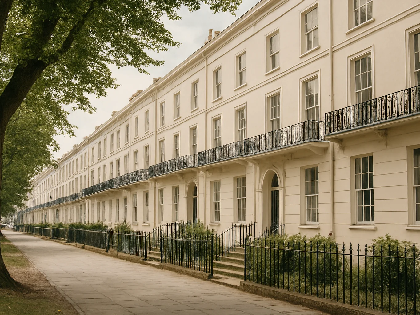 Candid daylight view along a leafy Regency-era terrace in Royal Leamington Spa, pale façades and a pedestrian pavement,