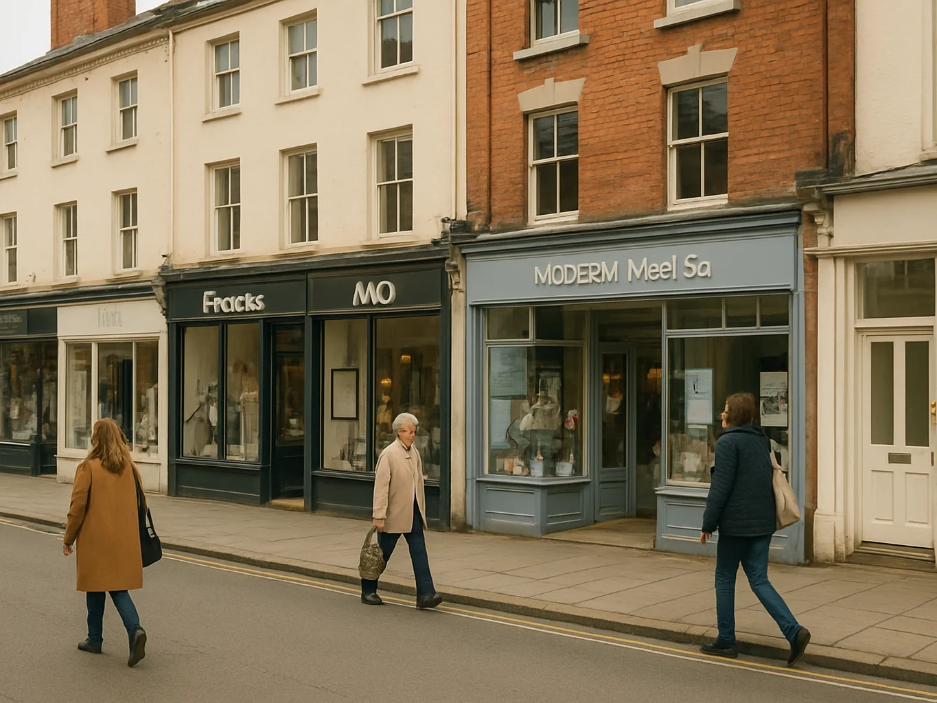 Candid daylight view of independent shopfronts on a town street in Royal Leamington Spa, warm white light, residents wal
