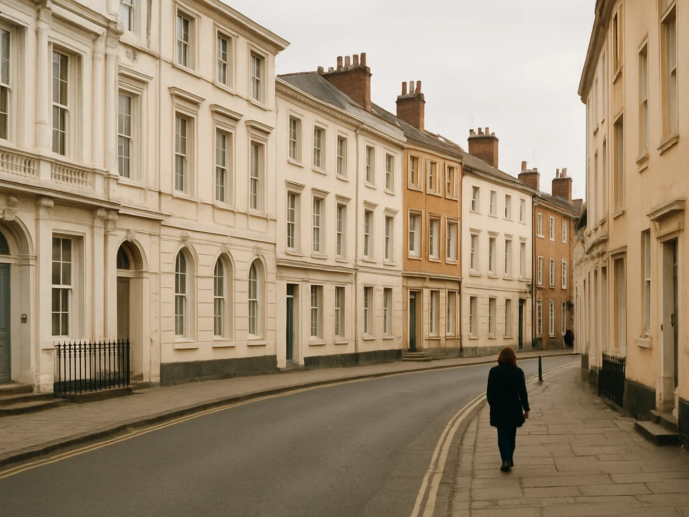 Considered architectural view of Old Town Leamington streets, Regency façades in soft natural daylight, quiet pedestrian