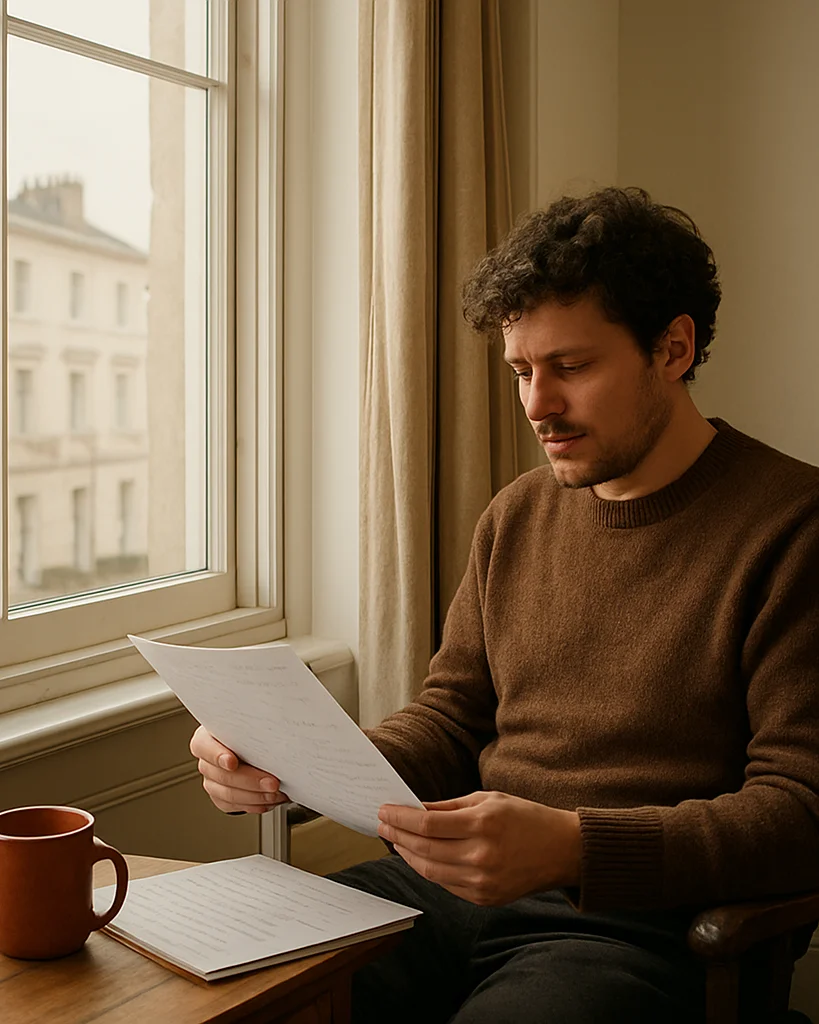 Candid editorial photograph of a local writer reviewing printed n