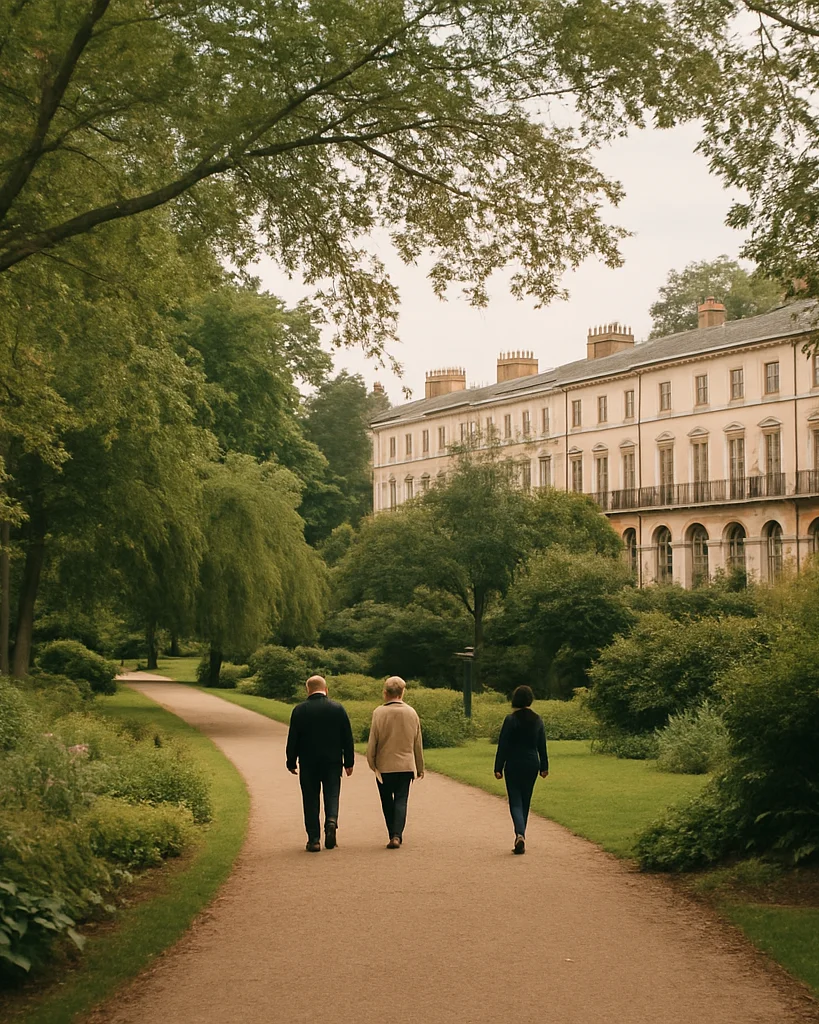 Wide editorial photograph of Jephson Gardens in soft natural daylight, leafy paths and Regency-era terraces in the backg