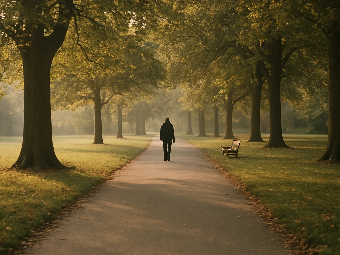 Candid editorial photograph of a quiet park path lined with matur