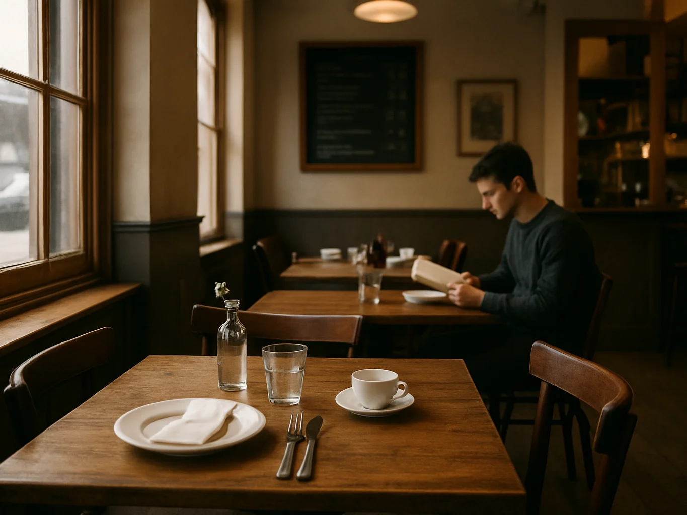 Candid interior photograph of a small independent café with warm