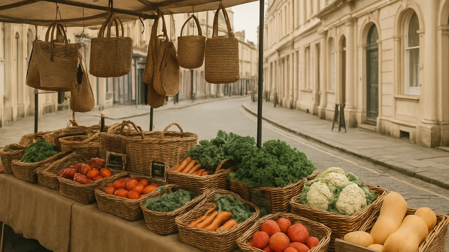 Editorial documentary photograph of a small seasonal market stall with fresh produce and handmade goods under soft natur